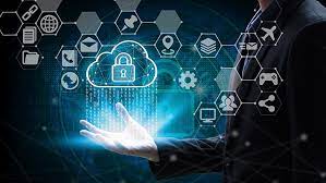 A team collaborating on cloud security best practices with secure infrastructure on a digital screen.